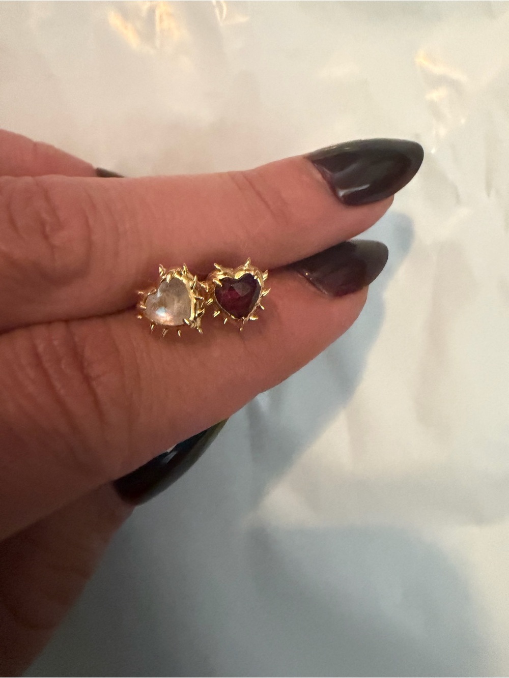 Awe Inspired heart of thorns stud earrings 14k plated garnet and moonstone